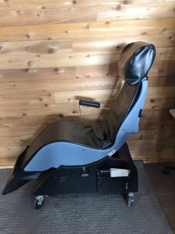 lot 2 image: Vess Specialty Mobile Modified Swallow Tilting Chair Provides Adaptive Seating - Great Condition Though Missing Left Arm Rest - See Youtube Link For More Details