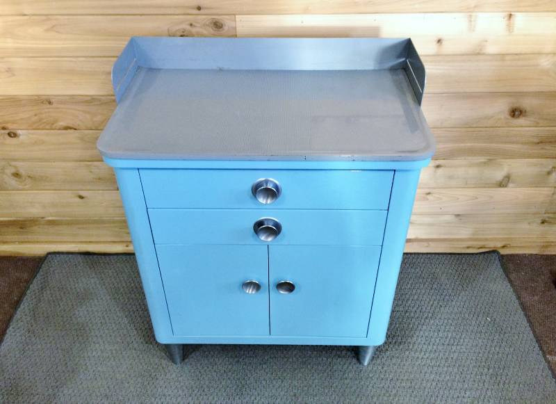 lot 21 image: Super Retro Cool Industrial Baby Blue Metal Medical 2 Door Cabinet with Drawers - I Am Thinking Perfect In A Tattoo Or Piercing Parlor