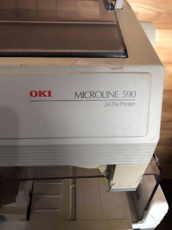 lot 18 image: Vintage OKI Microline 590 24-pin Dot Matrix Printer with cart & Paper - working condition