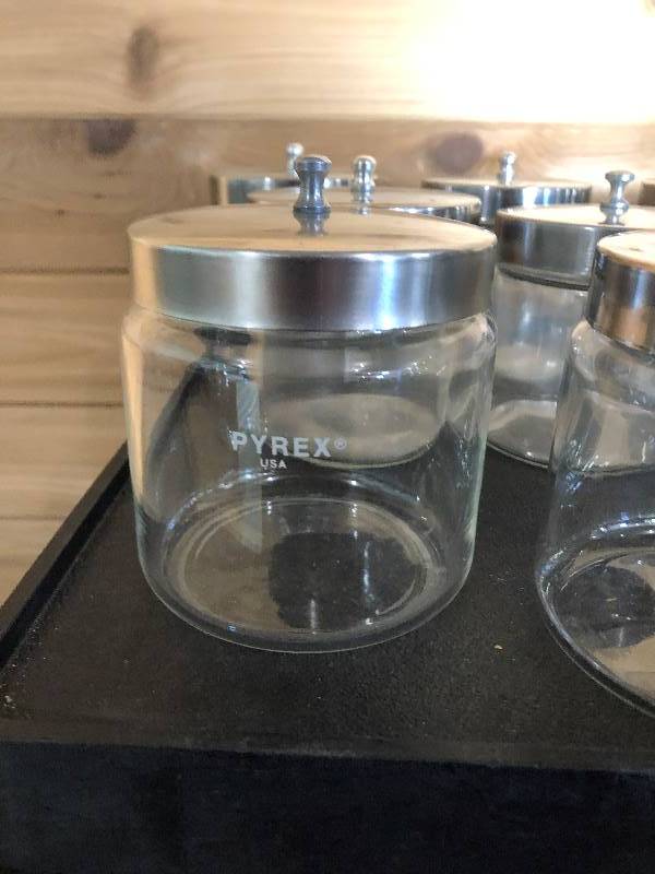 lot 13 image: Large Lot of Pyrex Medical Glass Jars Three Different Sizes