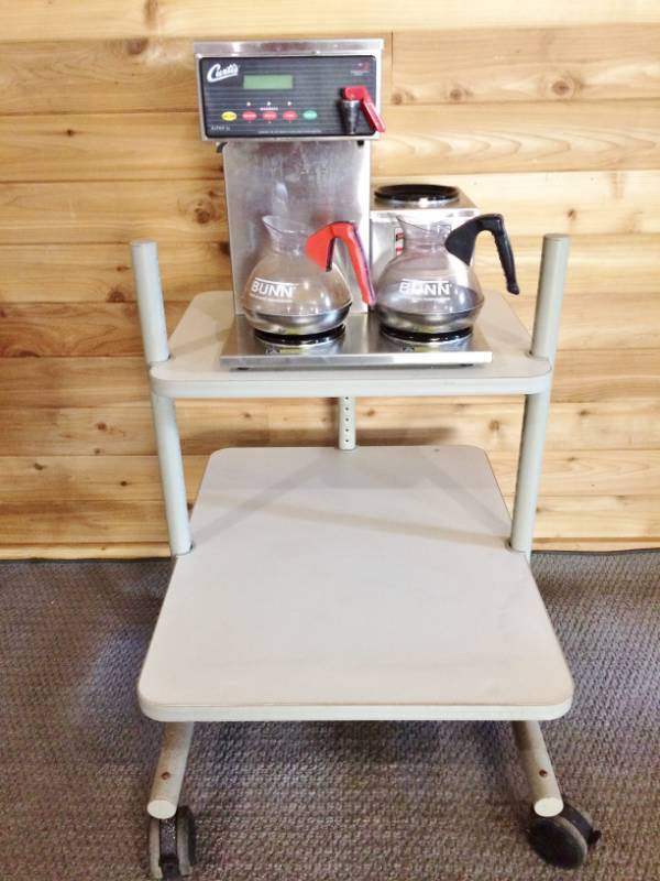 lot 59 image: MSRP $700 Curtis 12 Cup NSF Approved Commercial Coffee Brewer with 3 Warmers 2 Bunn Decanters - Comes With Cart - Nice Condition