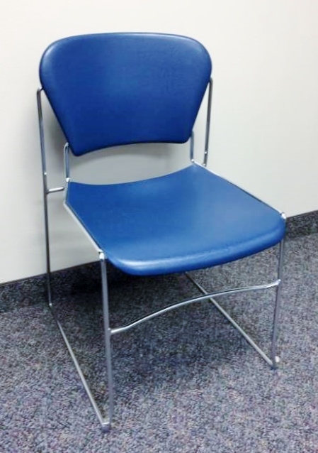 lot 9 image: MSRP $250 Each KI Perry High Density Armless Stack Stacking Blue Chrome Chair, 18 Inch Seat - Like New Condition See the YouTube for more information about this designer chair
