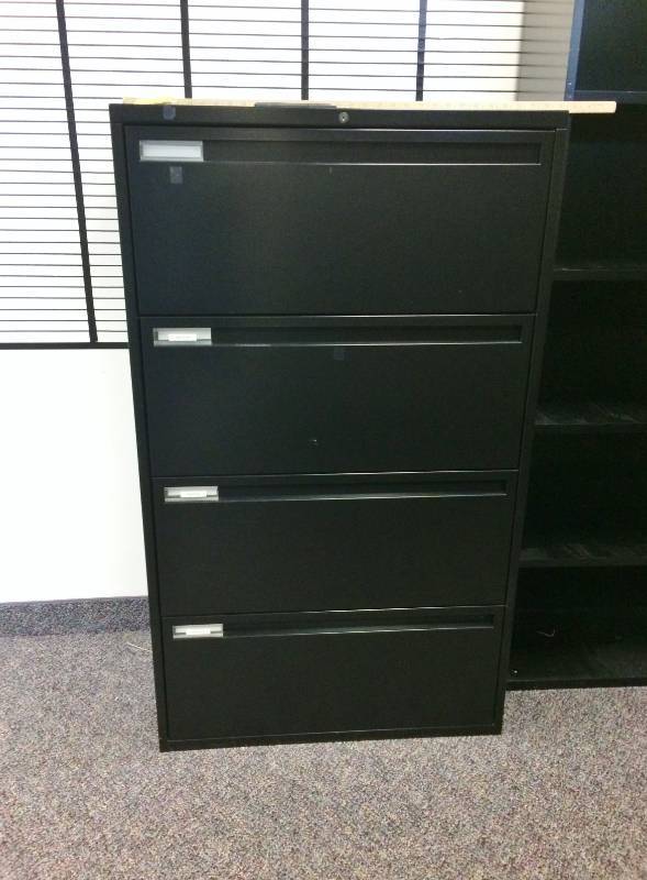 lot 20 image: MSRP $900 HON 700 Series 4-Drawer STEEL Lateral FILING CABINET BLACK - EXCELLENT CONDITION