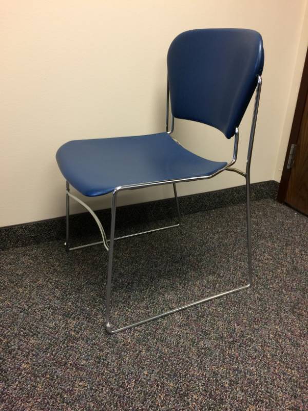 lot 9 image: MSRP $250 Each KI Perry High Density Armless Stack Stacking Blue Chrome Chair, 18 Inch Seat - Like New Condition See the YouTube for more information about this designer chair