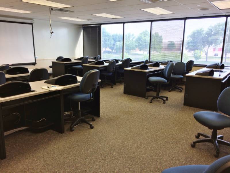 lot 11 image: WOW MSRP $1200 Each Nova Solutions Student Computer Desk with Downview Monitor Display - Great Condition - Glass Top Removable & Monitor Lifts Right Up & Out Each One Comes With A Privacy Cover Too Great For Training Seminars Too