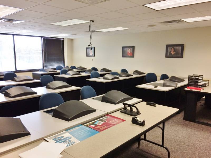 lot 38 image: WOW MSRP $1200 Each Nova Solutions Student Computer Desk with Downview Monitor Display - Great Condition - Glass Top Removable & Monitor Lifts Right Up & Out Each One Comes With A Privacy Cover Too Great For Training Seminars Too