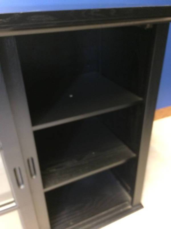 lot 67 image: Beautiful Black Wood Glass Sliding Doors One Shelf Inside Cabinet - Excellent Condition Approx 47W x 20D x 38T 