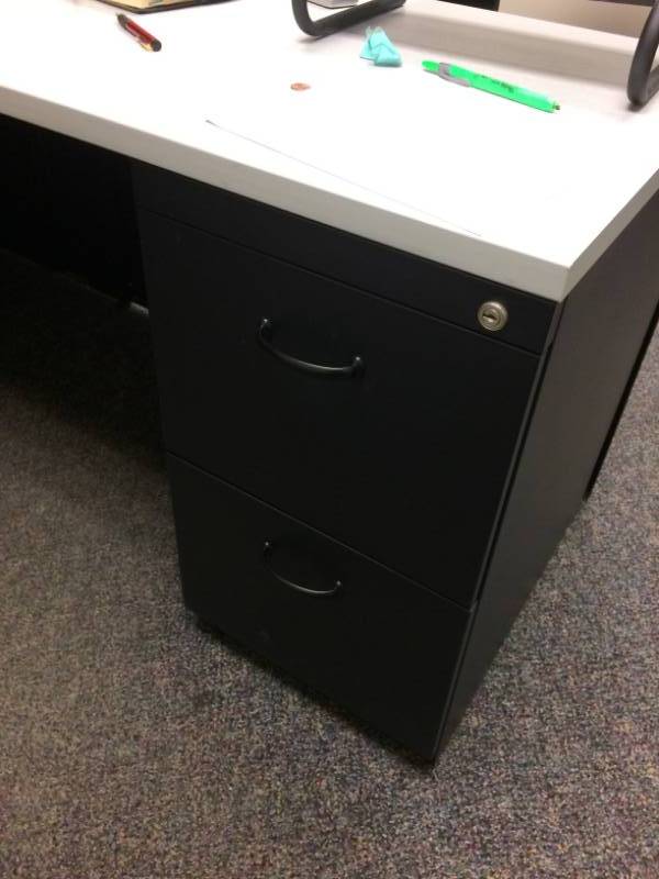 lot 77 image: MSRP $3000 High Quality Steelcase TURNSTONE Executive Office Workstation Desk with Right Return & 1-3 Drawer Filing Cabinet, 1-2 Drawer Filing Cabinet, Lighted Overhead 3 Door Cabinets Sleek Chic BlackWhite Design Excellent Condition 