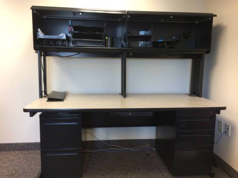lot 78 image: High Quality Steelcase Office Workstation Desk with 1-3 Drawer Filing Cabinet, 1-2 Drawer Filing Cabinet, Lighted Overhead 2 Door Fliptop Cabinets Nice Condition Though Not As Nice As Others On This Auction.