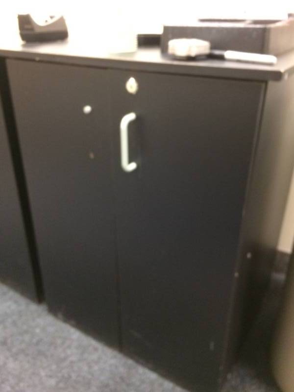 lot 88 image: Two - 2 Door Black Cabinets - These Have Missing Handles & Wear