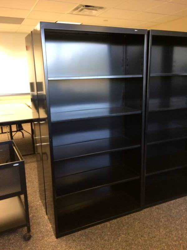 lot 61 image: MSRP $500 EACH HIGH QUALITY HON BRIGADE 5 SHELF BLACK STEEL BOOKCASE - EXCELLENT CONDITION 