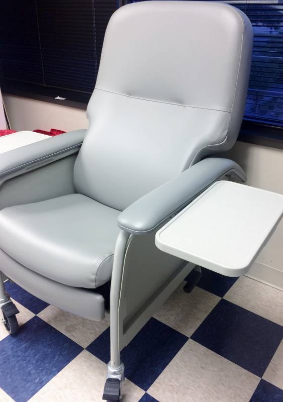 lot 3 image: Retails New $1500 - Lumex Mobile Deluxe Clinic Patient Care Recliner Patient Geri Chair Ultimate Wide Comfort - With Side Tables Clinical Care Recliner Ice Blue Color - Like New Condition