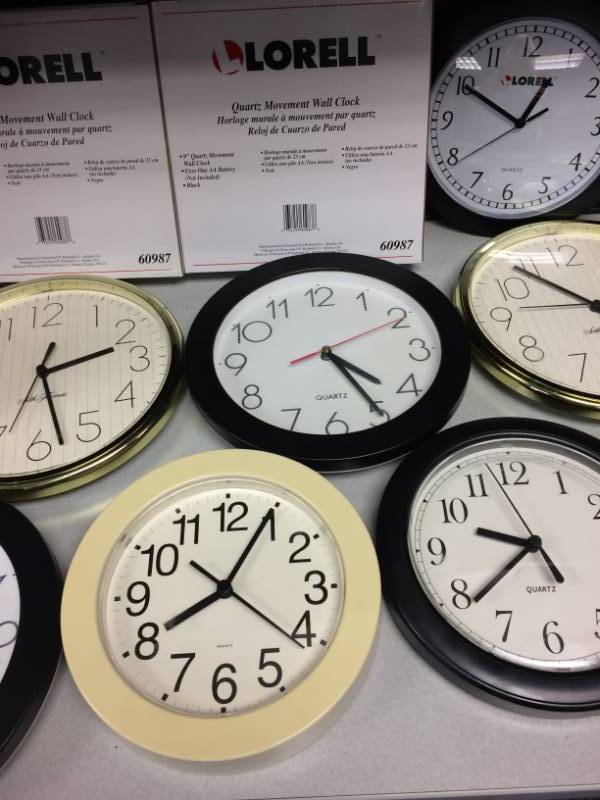 lot 15 image: Large Lot Of Wall Clocks - Includes 2 New In Box 60987 Lorell Quartz Movement Clocks - All Others Work But May Not Have Working Batteries In Them