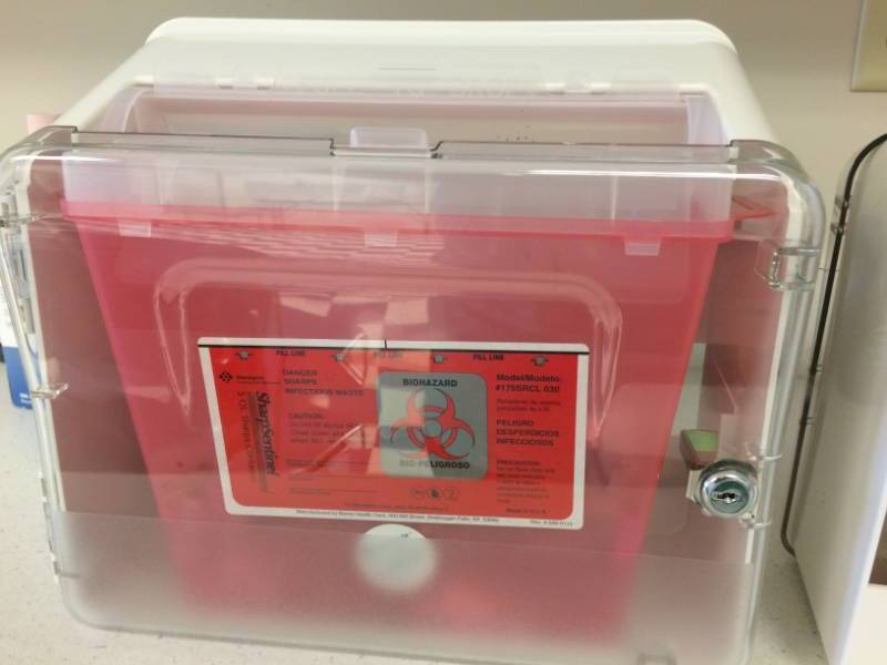lot 37 image: Lot Of Two Medical Disposable Biohazard Sharps Containers Wall Mountable