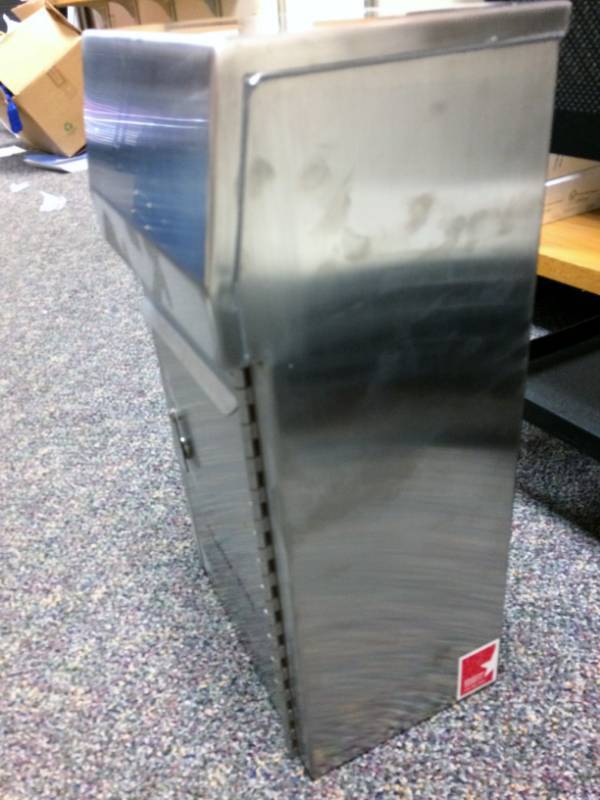 lot 59 image: HEAVY DUTY STAINLESS STEEL WALL MOUNT PAYMENT DROP BY AMERICAN SECURITY CABINETS - EXCELLENT CONDITION NO KEY