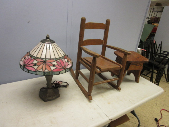 STAINED GLASS TOPPED LAMP, CHILDS ROCKING CHAIR AND STOOL