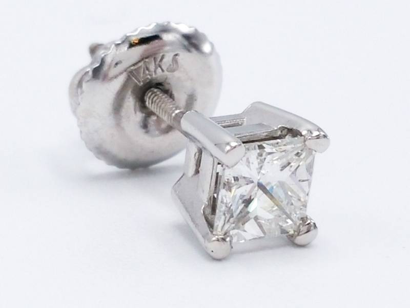 lot 6 image: Princess Cut Screw Back .39 CT Diamond Stud Estate Earring in 14k White Gold