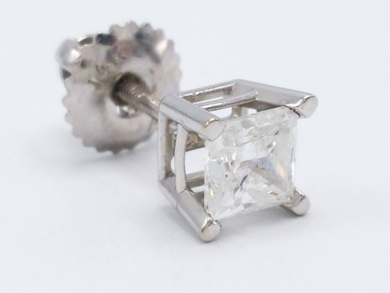 lot 7 image: Princess Cut Screw Back 12 CT Diamond Stud Estate Earring in 14k White Gold