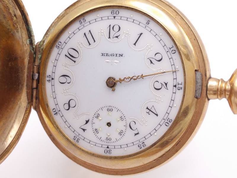 lot 33 image: Solid 14k Double Hunter Case Antique Elgin Pocket Watch with Fancy Dial