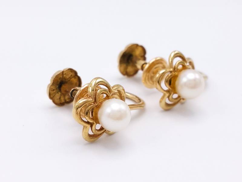 lot 39 image: Elegant Pearl Estate Floral Earrings in 14k Yellow Gold