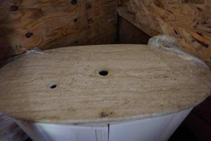 lot 9 image: Custom Made Bathroom Vanity With Travertine Top