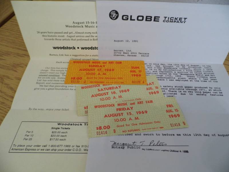 lot 91 image: Lot of 3 Original Woodstock Tickets - Picturesw