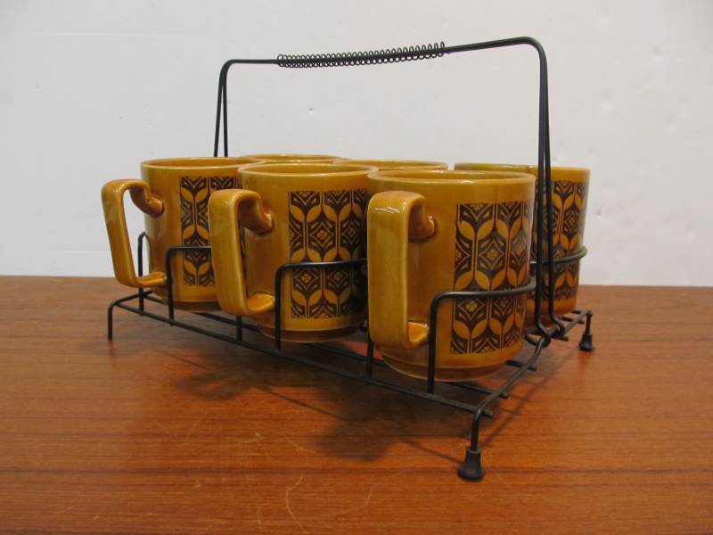 lot 12 image: Set of 6 Mid Century Coffee Mugs wStand
