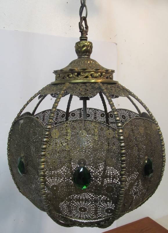 lot 19 image: Ornate Vintage Signed Falkenste Pierced Pendant Lamp