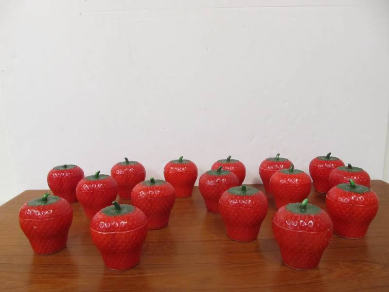 lot 27 image: Lot of 15 Vintage Hazel Atlas Milk Glass Strawberry Jam Jars