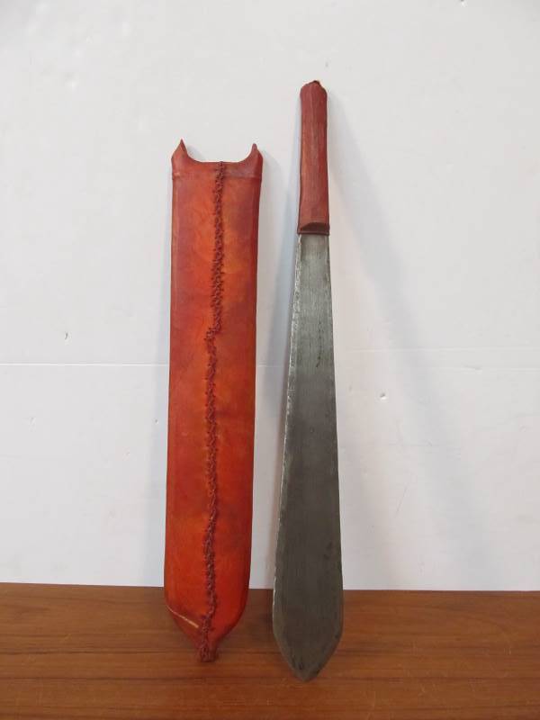 lot 36 image: Vintage Machete wRed Leather Handle & Sheath