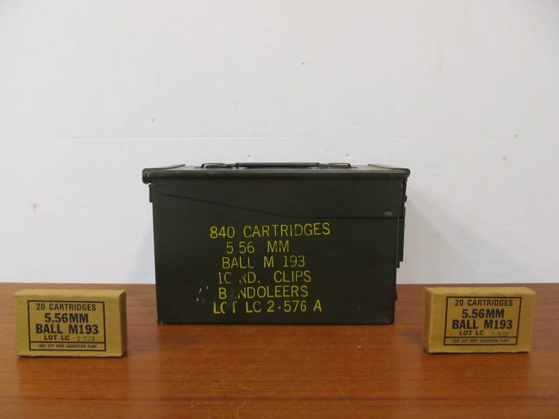 lot 79 image: Vintage Military Steel Ammo Crate w 2 Unopened Ammo Boxes