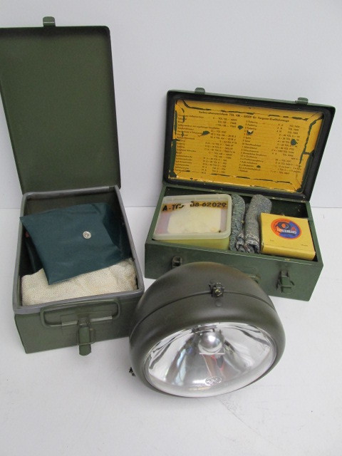 lot 126 image: Original Vintage German UNIMOG Multi-Purpose Vehicle Tool Boxes & Headlight
