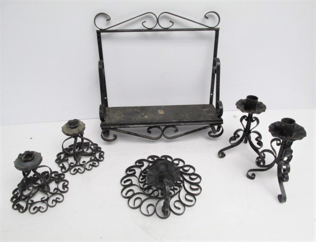 lot 127 image: Group of Vintage Spanish Revival Style Metal Candle Holders & Shelf