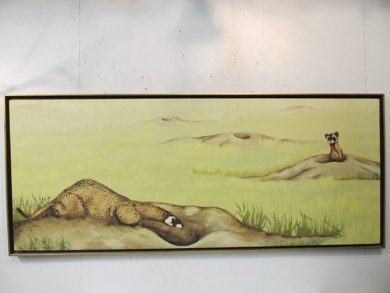 lot 196 image: LARGE Very Nice Mid Century Oil on Canvas Painting - Wild Ferrets
