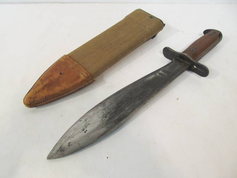 lot 215 image: Original WW1 1917 US Military Plumb Bolo Knife wMatching Sheath
