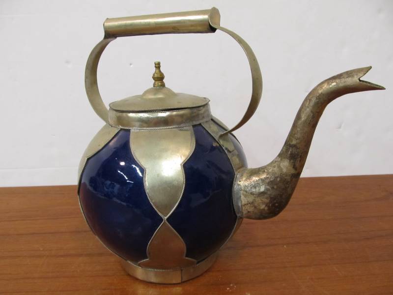 lot 142 image: Vintage Cobalt Blue Pottery & Metal Teapot