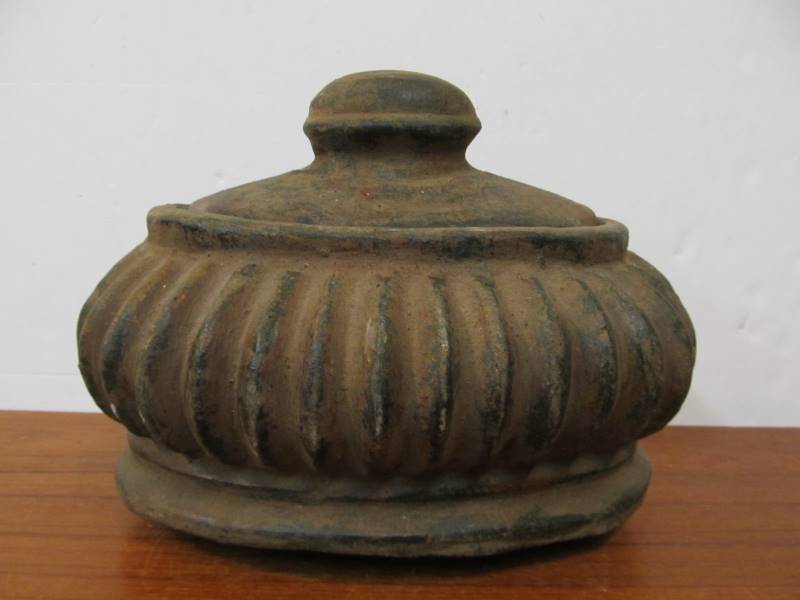 lot 237 image: Vintage Footed Clay or Terra Cotta Covered Vessel