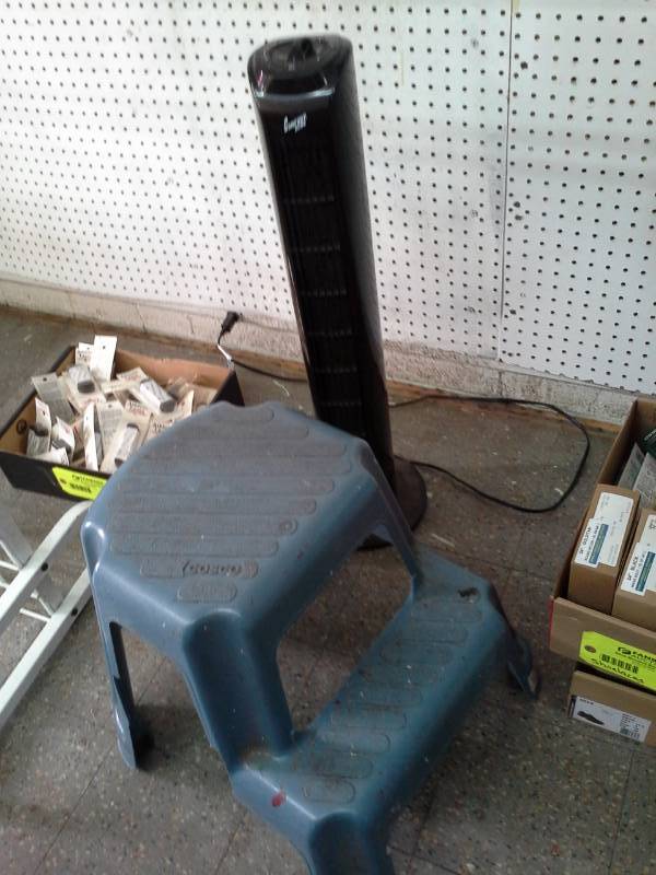 lot 841 image: Comfort Zone Column Fan, 2-Step Plastic Step Stool
