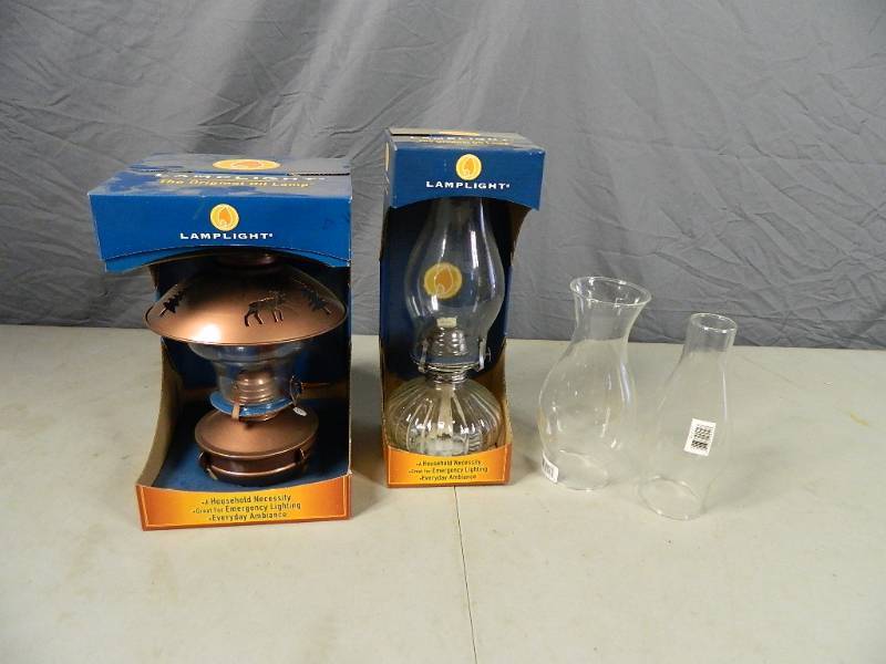 lot 27 image: 2 New Cute Oil Lamps with New Extra Shades