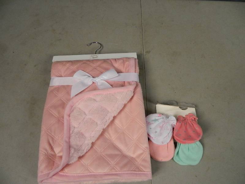 lot 35 image: New Born Loved Baby Blanket and Baby Mittens