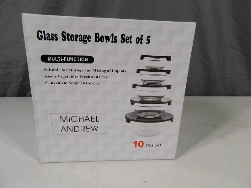 lot 54 image: New 10 Piece Glass Bowl Set with Lids
