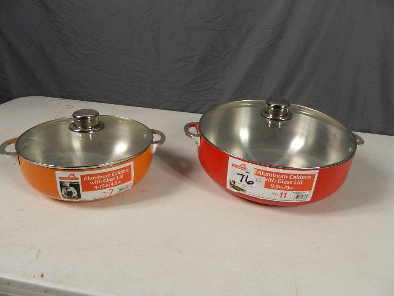 lot 76 image: 2 New Aluminum Caldero Pans with Glass Lids