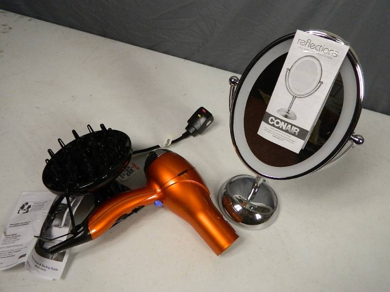 lot 109 image: New Conair LED Lighted Mirror and New Conair Hair Dryer