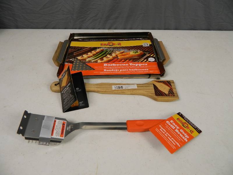 lot 122 image: New BBQ Topper, New Natural Wood Scraper, and New BBQ Grill Brush.