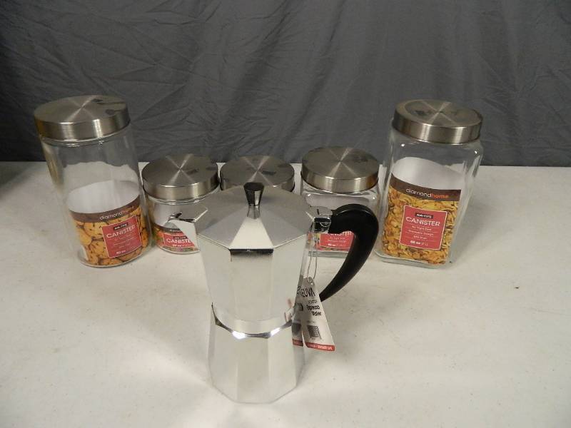 lot 131 image: 5 New Glass Canisters with Lids and New Espresso Maker