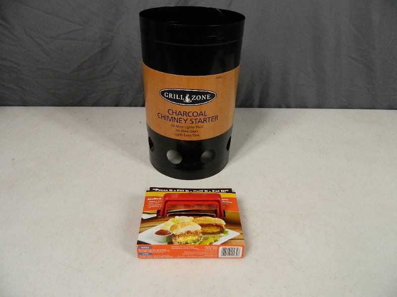 lot 138 image: New Charcoal Chimney Starter and New Stuffed Burger Press