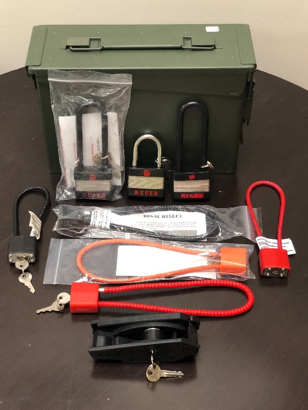 lot 24 image: Steel Ammo Can & (8) Gun Trigger Locks