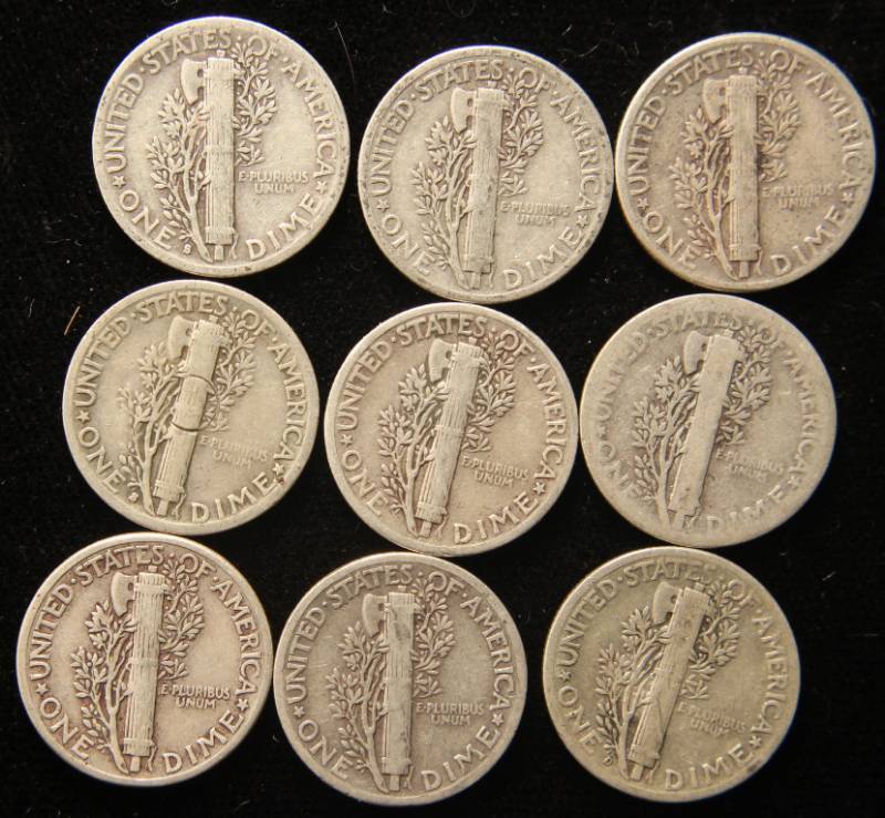 GROUP OF 9 MERCURY SILVER DIMES