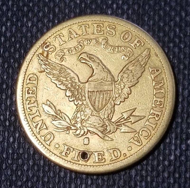 1885-S US $5 GOLD HALF EAGLE (holed at 12 Oclock)