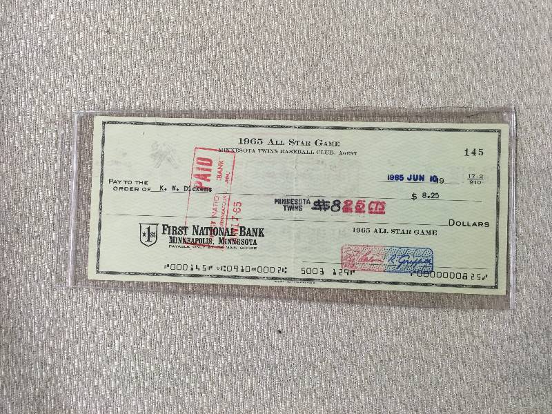 lot 537 image: Minnesota Twins Cancelled Check From 1965 All Star Game